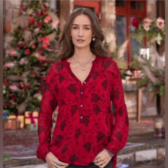 NWT Sundance Elodie Red Black Floral Tiered Blouse Top Size Medium - Picture 1 of 9